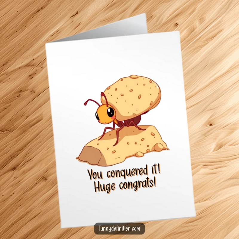 Funny Free Printable Congratulations Card shows a determined ant carrying a huge crumb uphill, celebrating success and effort.