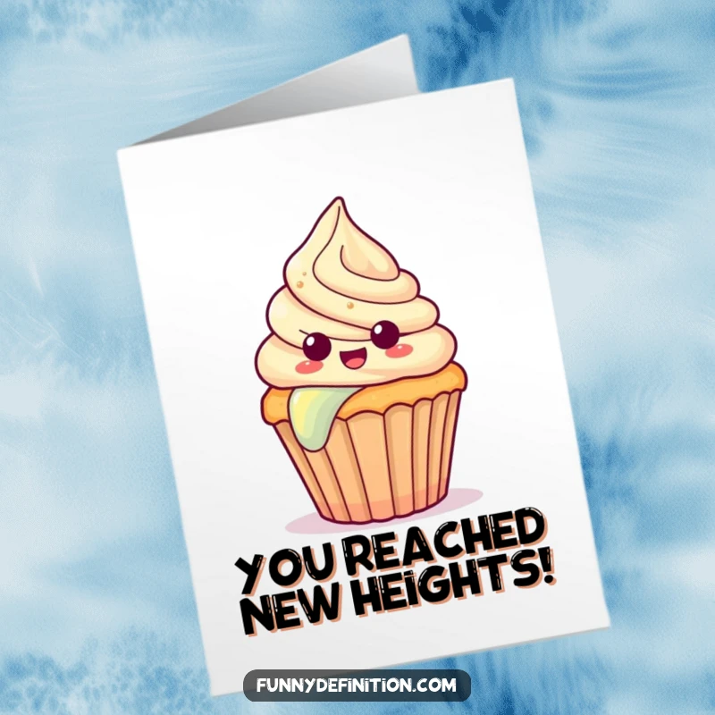 Funny Free Printable Congratulations Card: A surprised cupcake with frosting slides down a rainbow. A cheerful downloadable.