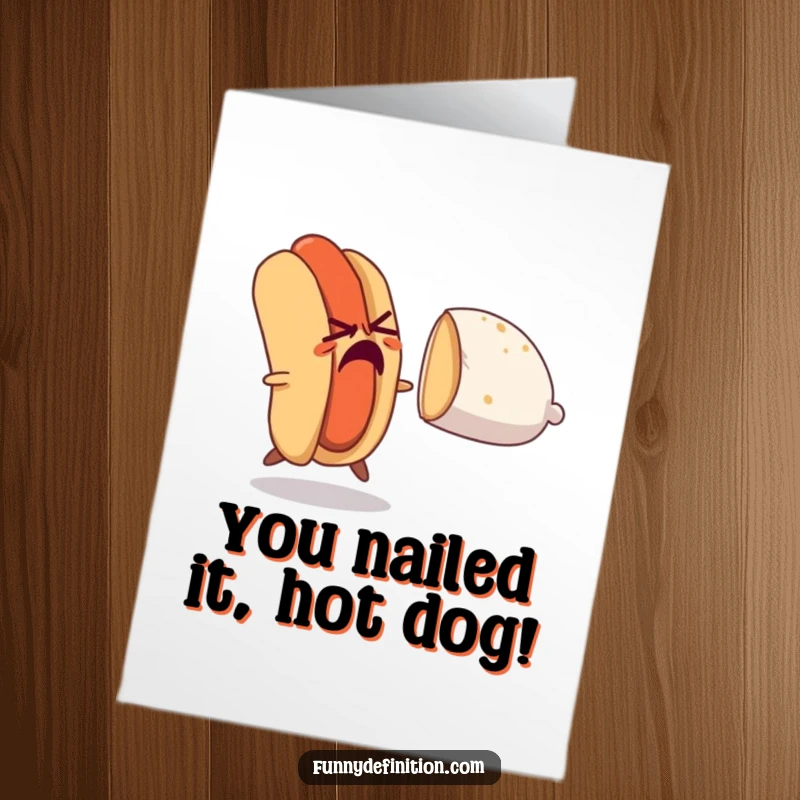 Funny Free Printable Congrats Card: Nervous hot dog narrowly escaping a pursuing bun, a moment of triumphant relief.