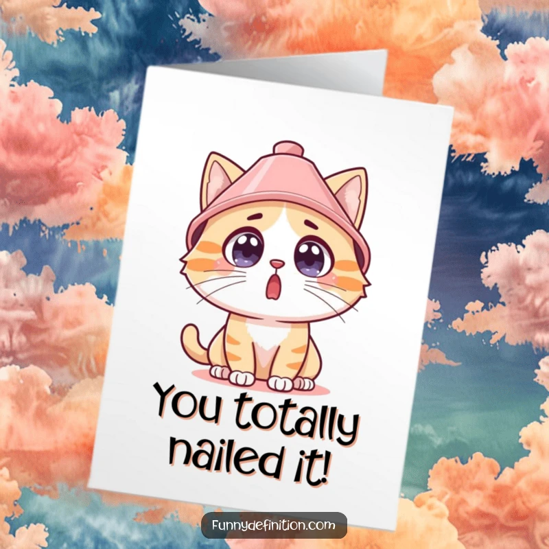 Funny Free Printable Congrats Card: Wide-eyed cat in a lampshade hat, symbolizing surprise and celebration.