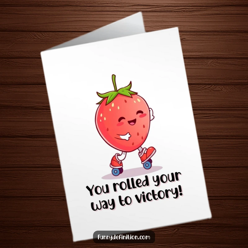 Funny Free Printable Congratulations Card: Smiling strawberry skates successfully, looking joyful, downloadable celebration.