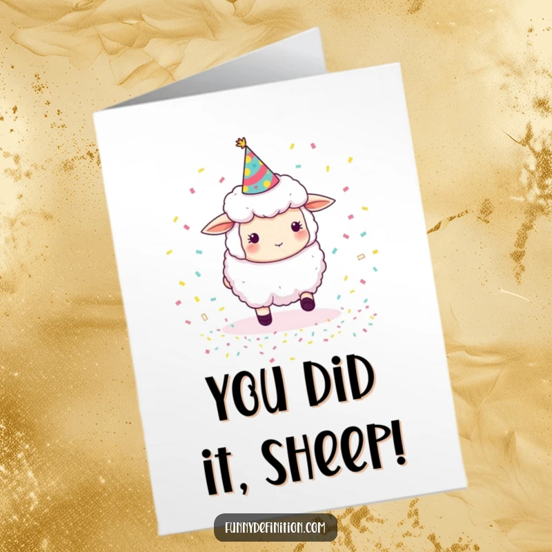 Funny Free Printable Congratulations Card: Fluffy sheep wearing a party hat hilariously attempts to herd tiny bouncing confetti.