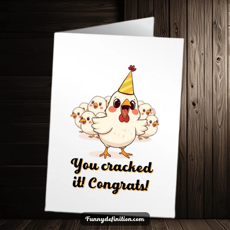 Funny Free Printable Congratulations Card: A chicken wearing a small party hat nervously escapes from a group of other chickens.