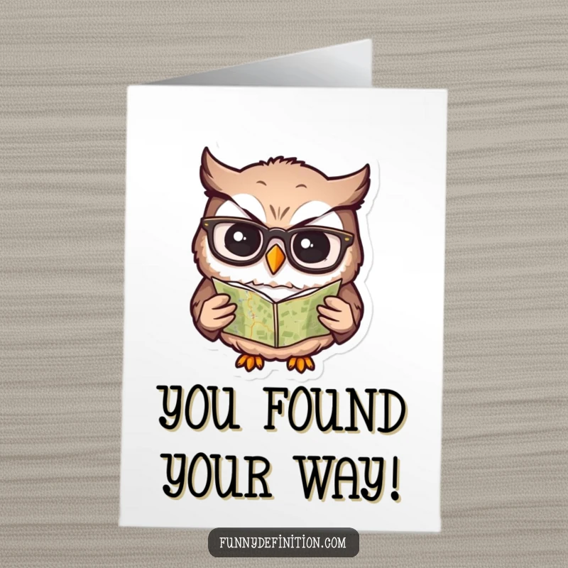 Funny Free Printable Congratulations Card: An owl with glasses is confused by a tiny map. A humorous downloadable.