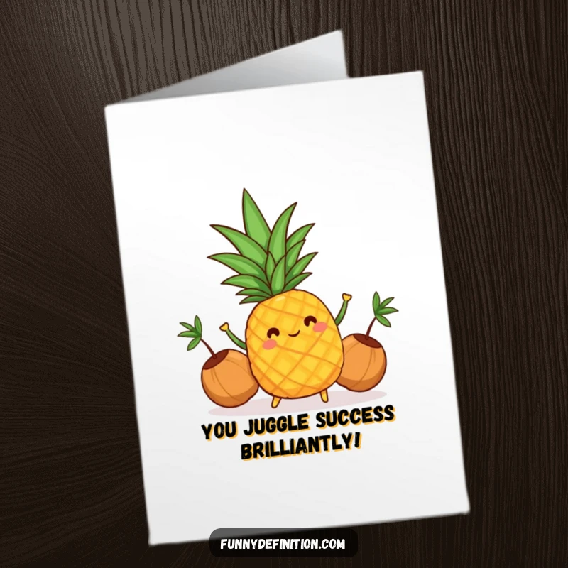 Free Printable Congratulations Card showing a cheerful pineapple balancing three coconuts, symbolizing impressive skill and fun.