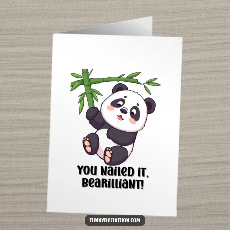 Funny Free Printable Congratulations Card: Determined panda hangs upside down on bamboo, striving, downloadable celebration.