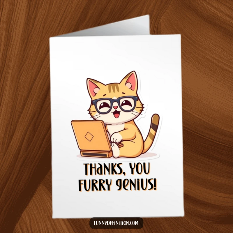 Funny Free Printable Thank You Card: Happy cat in oversized glasses typing enthusiastically on a tiny laptop, expressing thanks.