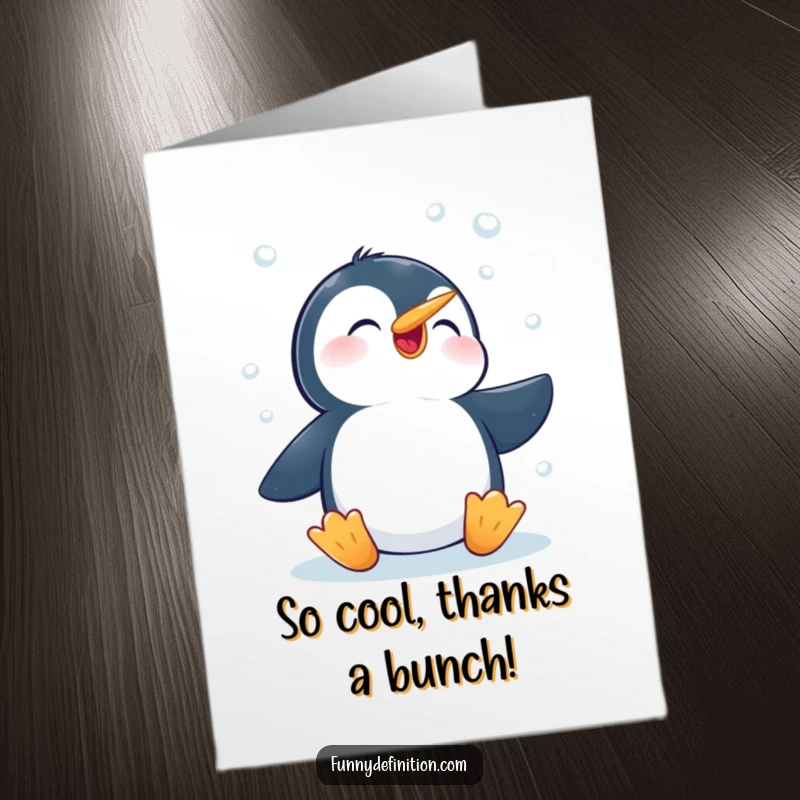 Funny Free Printable Penguin Thank You Card: A cute penguin enthusiastically catching falling snowflakes, perfect for expressing thanks.