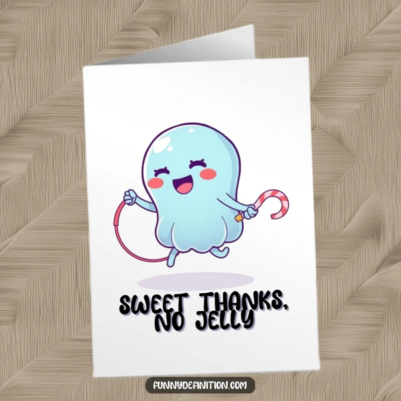 Funny Free Printable Thank You Card: A cheerful jelly attempts to jump rope, conveying thanks with playful energy.