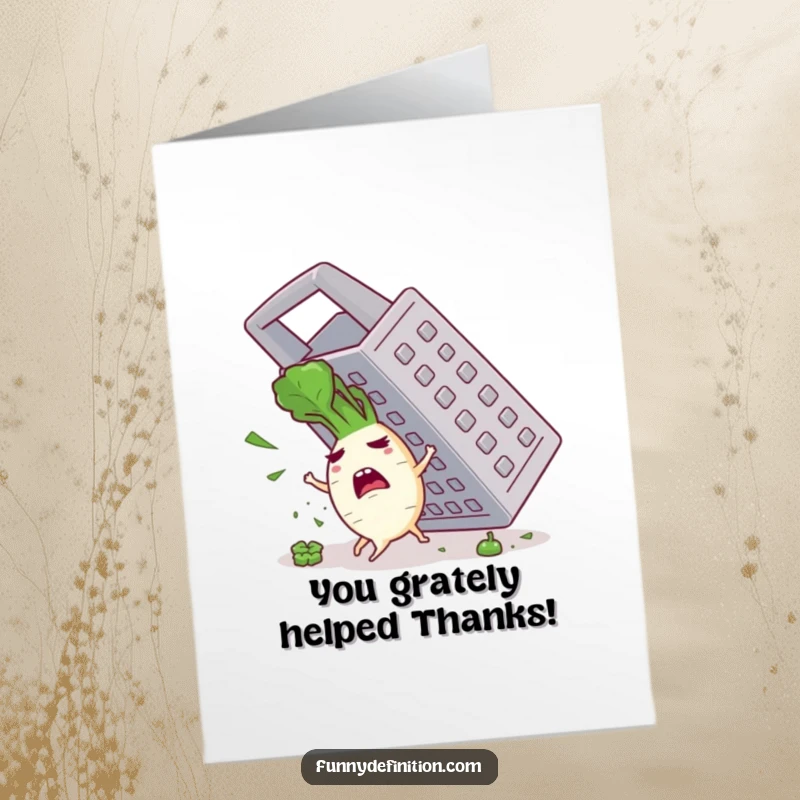 Funny Free Printable Thank You Card: A determined radish bolts from a massive grater, symbolizing escape from a dire situation.