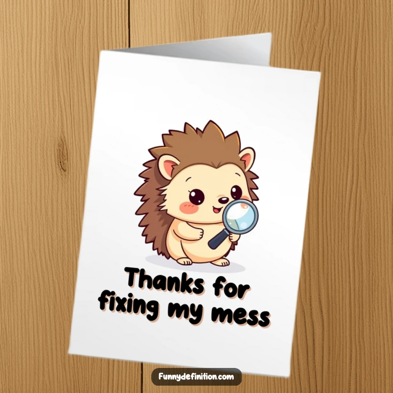 Funny free printable thank you card: a happy hedgehog using a magnifying glass to debug code, expressing thanks for help.