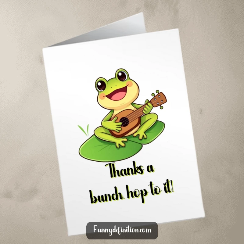 Funny Free Printable Thank You Card: A happy frog serenading with a ukulele on a lily pad, offering thanks.