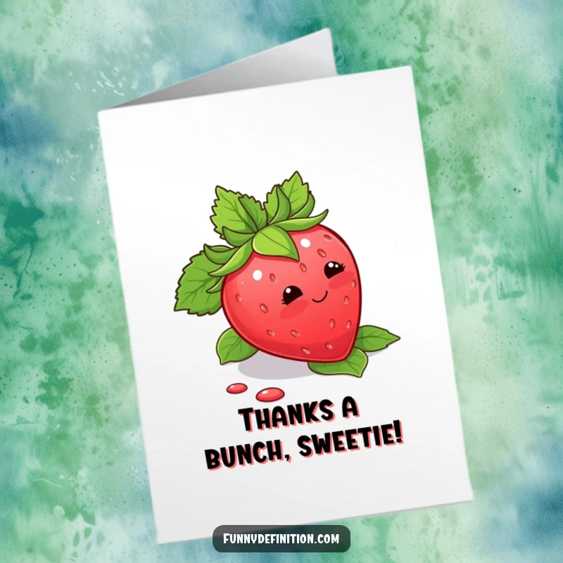 Funny Free Printable Thank You Card featuring a blushing strawberry tripping slightly over its leaves, conveying sweet gratitude.