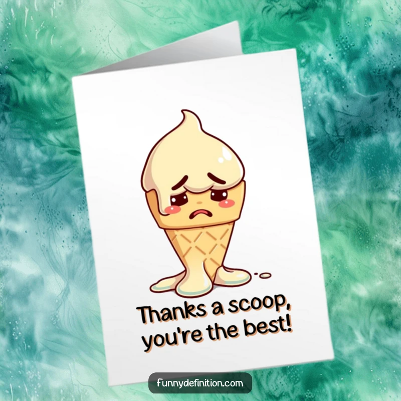 Funny Free Printable Thank You Card depicts a melting ice cream cone with a worried face, thanking someone for a significant favor.
