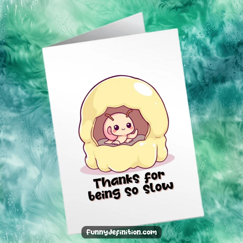 Funny Free Printable Thank You Card: Shy snail stuck in a wobbly jelly mold, a comical downloadable for expressing gratitude.