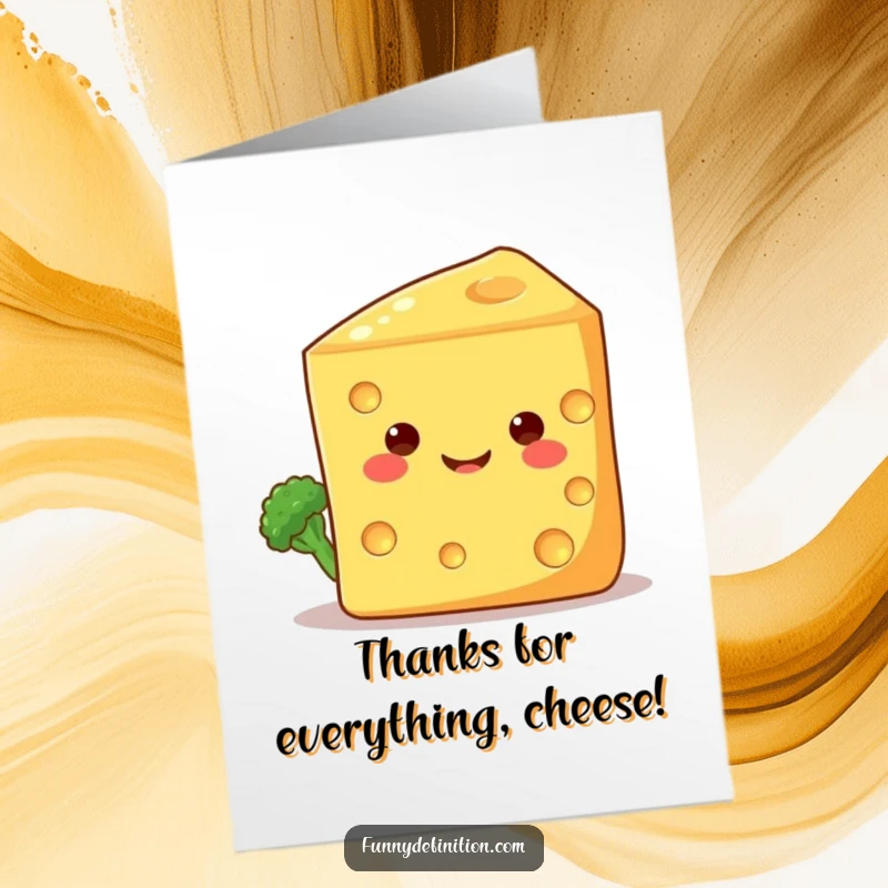 Funny Free Printable Thank You Card: Shy broccoli floret peeking from behind a giant smiling cheese wedge, saying Thanks!