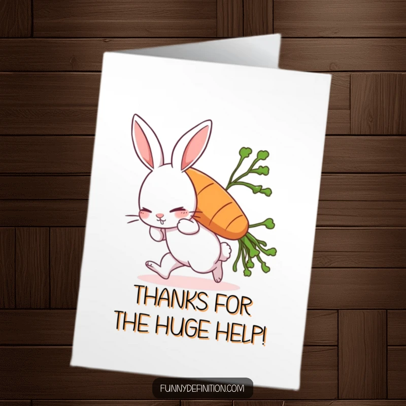 Funny free printable thank you card featuring a rabbit comically struggling with an enormous carrot, representing a big favor received.