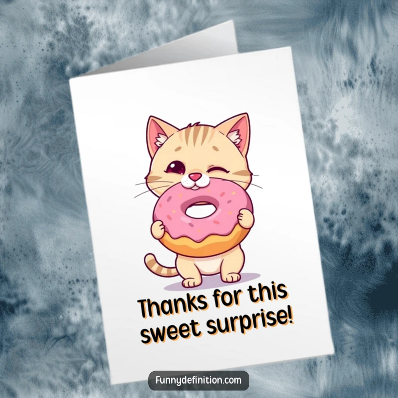 Funny Free Printable Cat Thank You Card: A cat attempts to balance a giant donut on its nose, offering thanks.