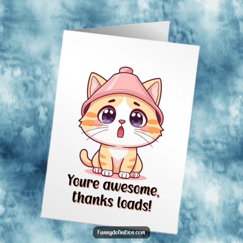 Funny Free Printable Thank You Card: Cat's wide eyes peeking out from under a lampshade hat, offering thanks.