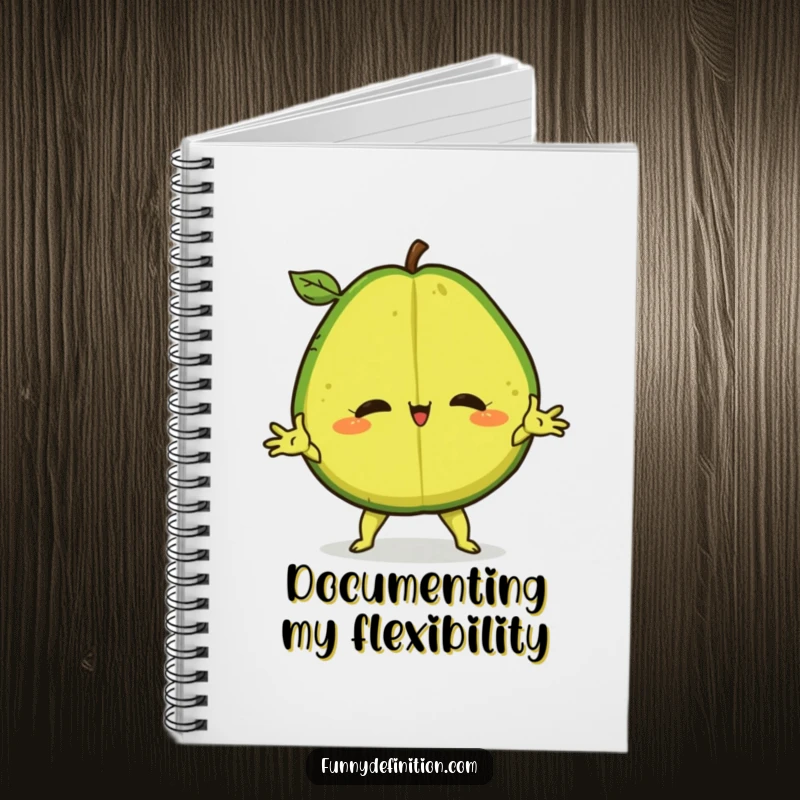 Funny Notebook with a confident avocado in a dramatic split, inspiring humorous writing and creativity.