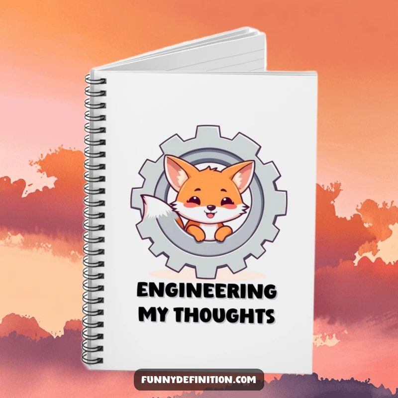 Funny notebook cover depicting a fox peeking from behind a spinning gear, encouraging clever note-taking and inventive ideas.
