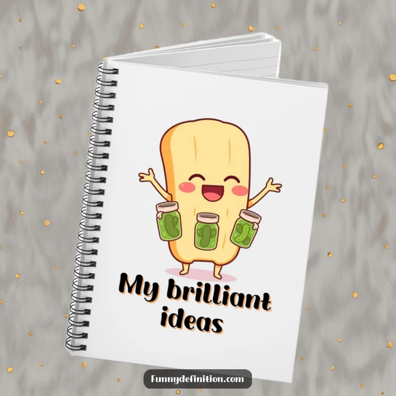 Funny notebook cover featuring a laughing baguette character juggling three miniature pickle jars, perfect for capturing comedic notes.
