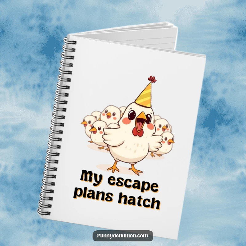 Funny notebook cover with a startled chicken in a party hat making an escape, perfect for jotting down ideas with a dose of playful energy.