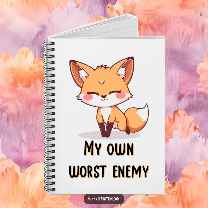 Funny notebook cover with a silly fox tripping over its own tail, ideal for jotting down clumsy thoughts and ideas.