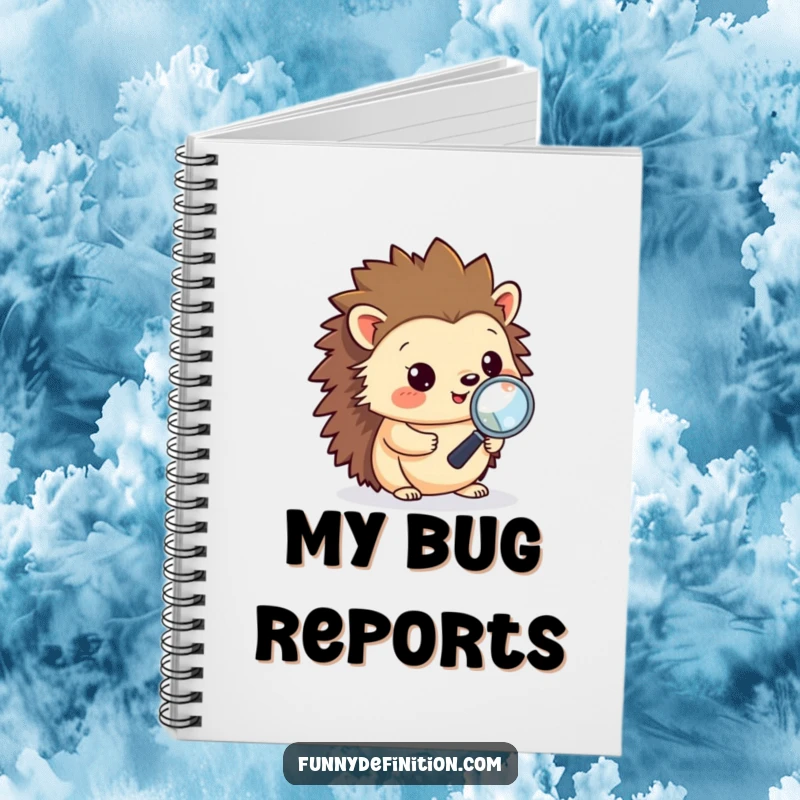 Funny notebook cover depicting a hedgehog using a magnifying glass to debug code, inspiring organized note-taking and effective solutions.
