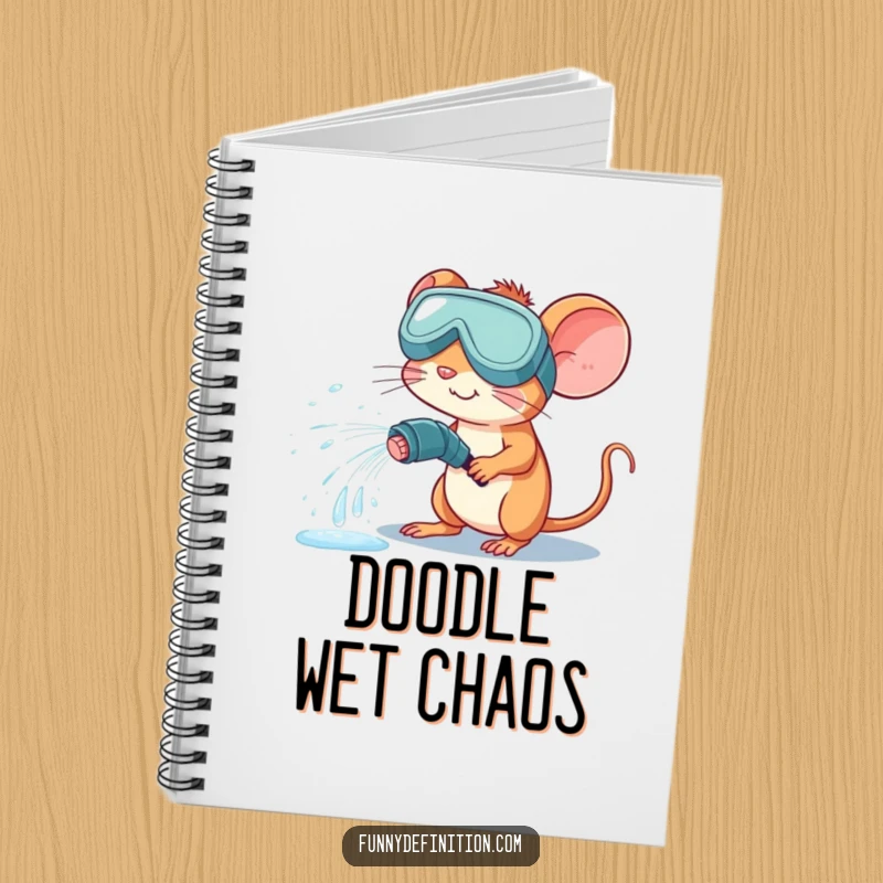 Funny notebook cover with a mouse in goggles accidentally spraying water from a hose, ideal for jotting down messy ideas.