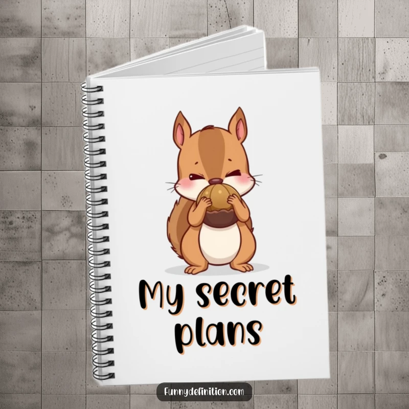 Funny notebook cover with a nervous squirrel hiding a large nut, symbolizing the careful storage of ideas and humor.