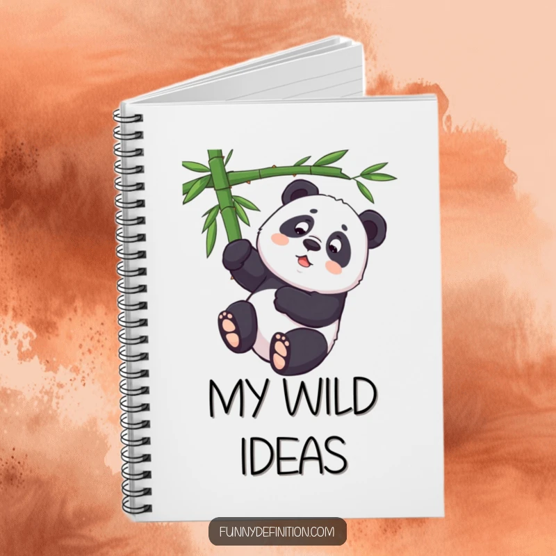 Funny panda character attempting to hang upside down from bamboo, ideal for note-taking in this funny notebook.