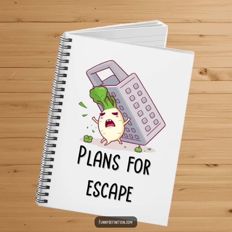 Funny notebook cover featuring a panicked radish character fleeing a large grater, perfect for jotting down humorous thoughts.