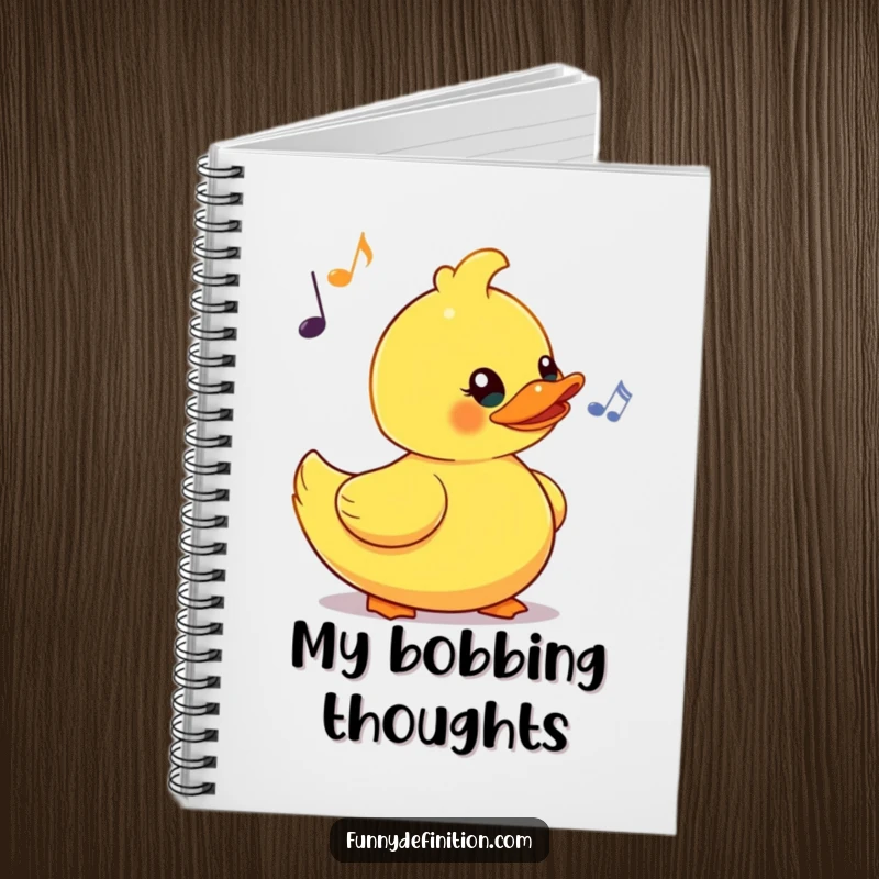 Funny notebook cover with a yellow rubber duck comically bobbing its head to an imaginary beat, ready for your notes and melodies.