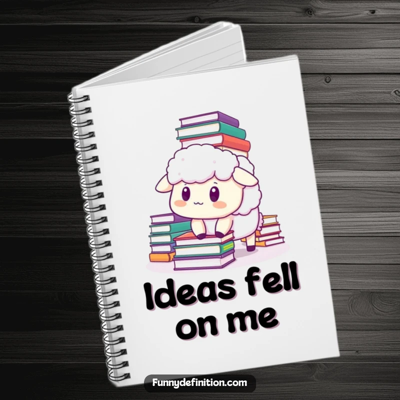 Funny sheep notebook cover showing a startled sheep amidst a cascade of falling books, an amusing journal for creative minds.