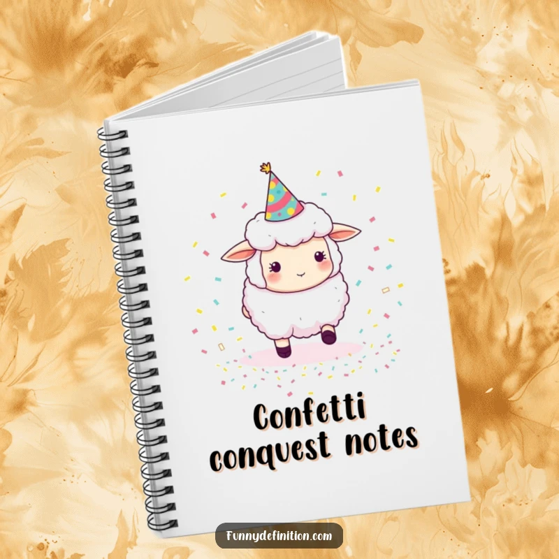 Funny sheep wearing a party hat, attempting to herd bouncing confetti, a humorous notebook for jotting down ideas and plans.