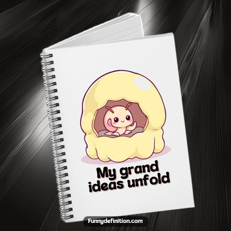 Funny shy snail peeking from a giant, unstable jelly mold on the cover of a lined notebook.