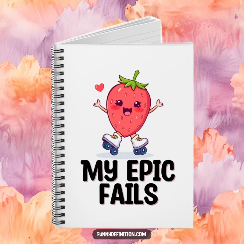 Funny notebook cover with a plump strawberry on roller skates, caught in a hilarious, cartoonish tripping motion.