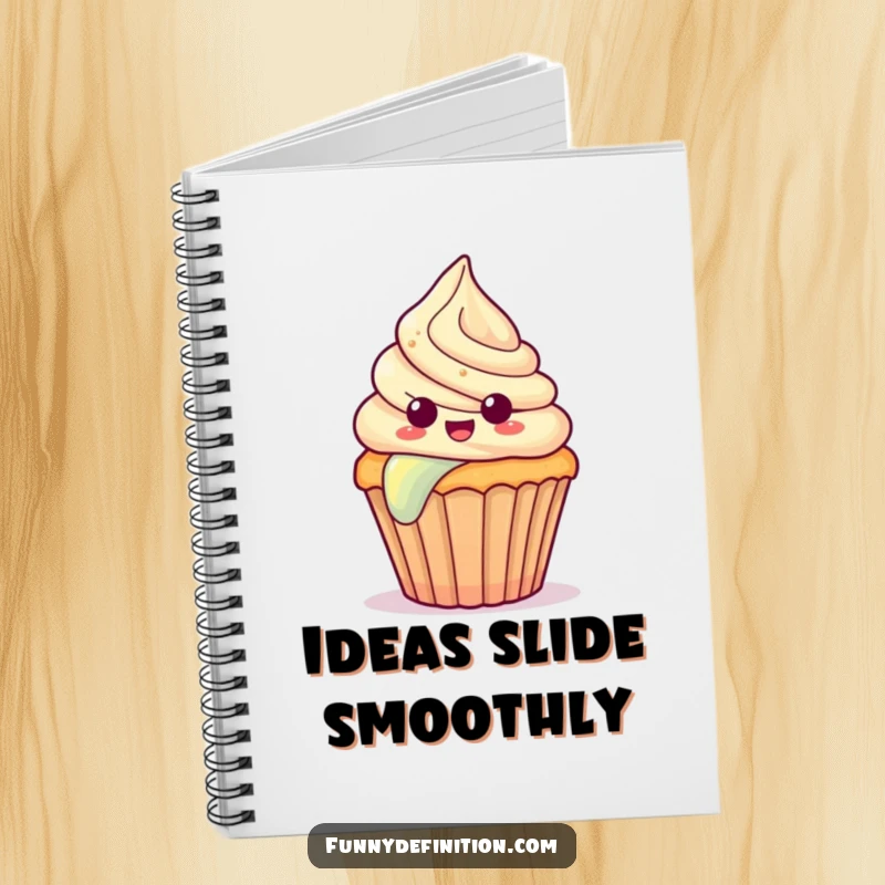 Funny notebook with a surprised cupcake with frosting sliding down a rainbow, inspiring humorous and sweet note-taking.