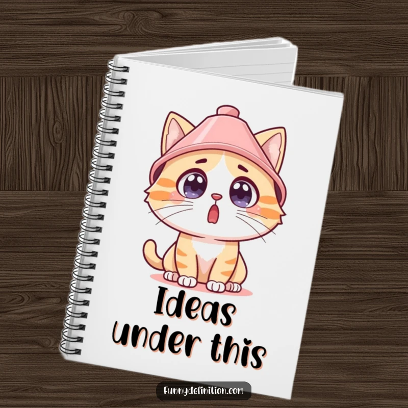 Funny surprised cat wearing a lampshade hat on a notebook cover, perfect for jotting down funny thoughts.