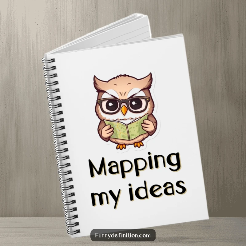 Funny notebook with a confused owl wearing glasses, trying to read a tiny map, inspiring humorous note-taking.
