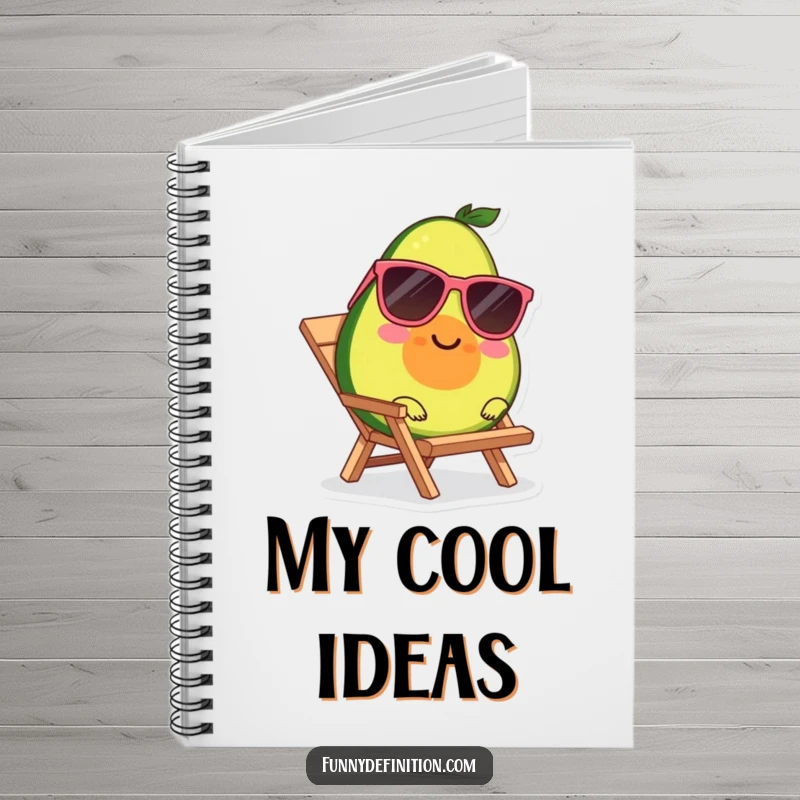 Funny notebook cover with a smiling avocado wearing sunglasses, lounging on a miniature beach chair.