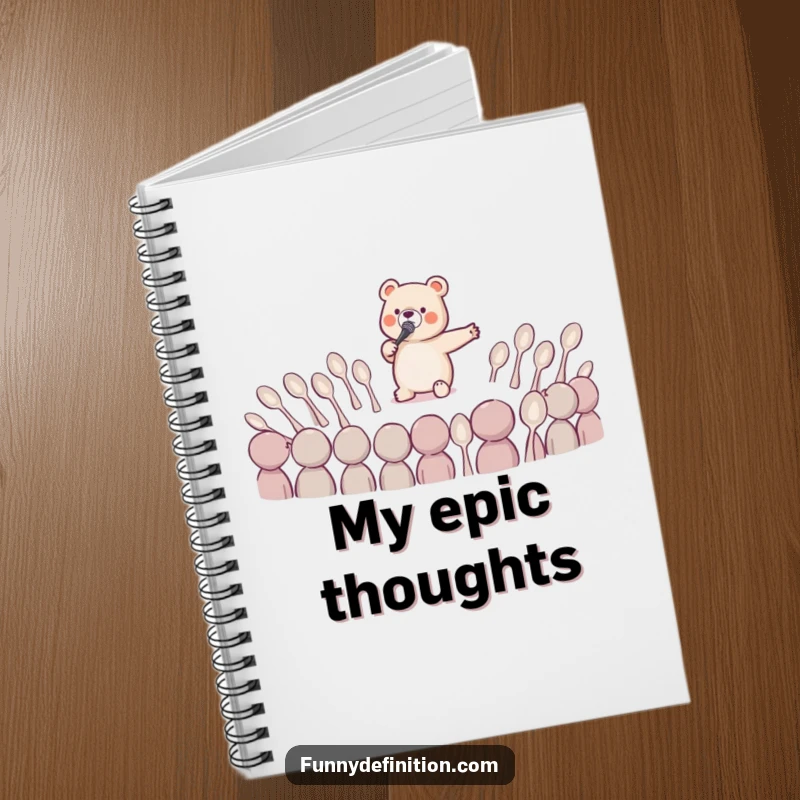 Funny notebook cover featuring a tiny bear performing opera to spoons, for jotting down dramatic and humorous notes.