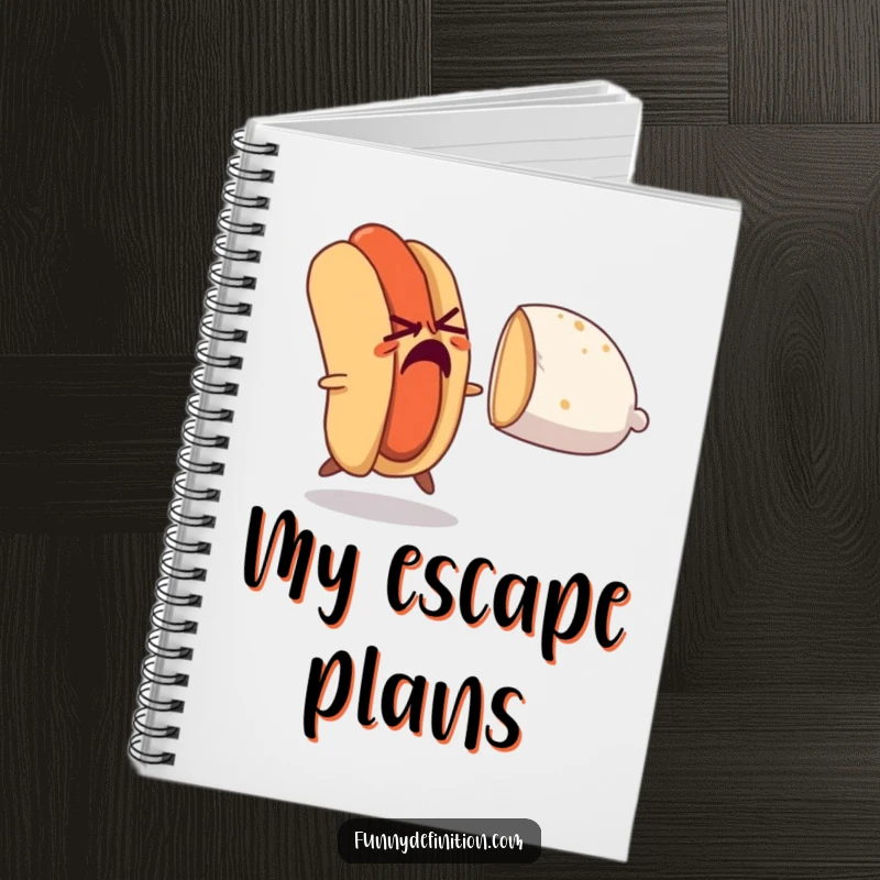 Funny notebook cover with a nervous hot dog attempting to escape a chasing bun, perfect for jotting down frantic ideas.