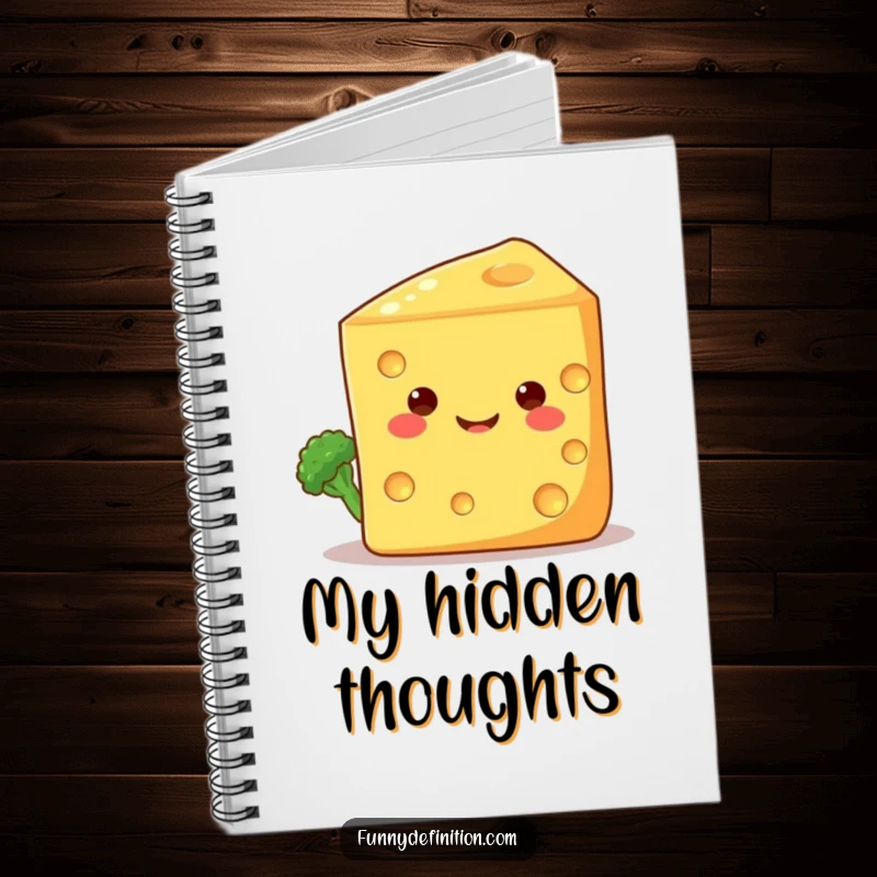 Funny notebook cover with a shy broccoli floret peeking from behind a giant, smiling cheese wedge, perfect for jotting down cute ideas.