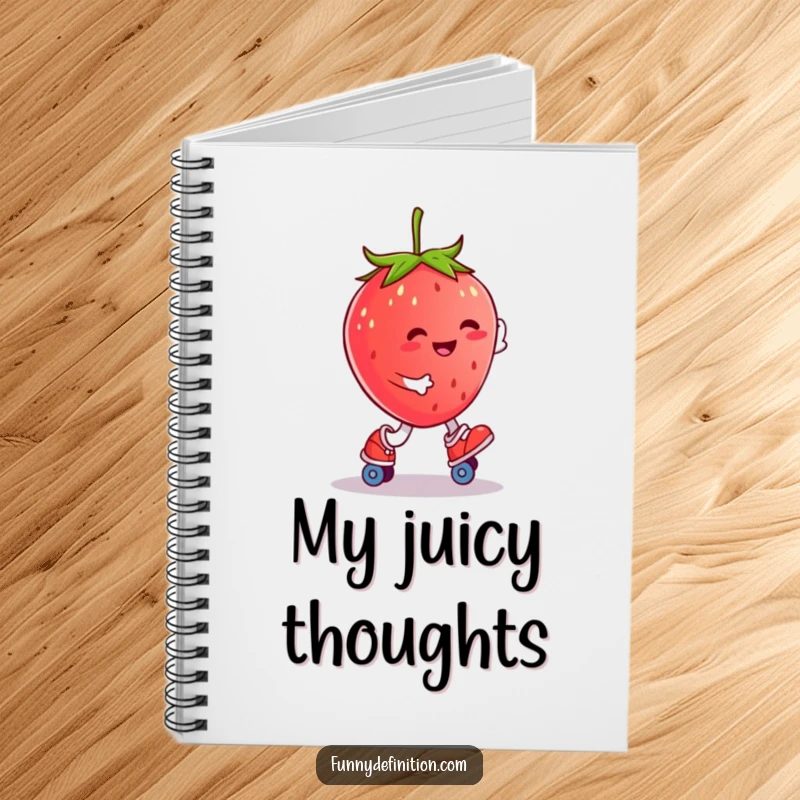 Funny smiling strawberry character roller skating, ideal for note-taking in this funny notebook.