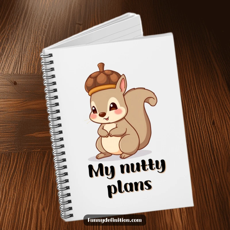 Funny notebook with a squirrel accidentally wearing an acorn as a hat, inspiring humorous and cute note-taking.