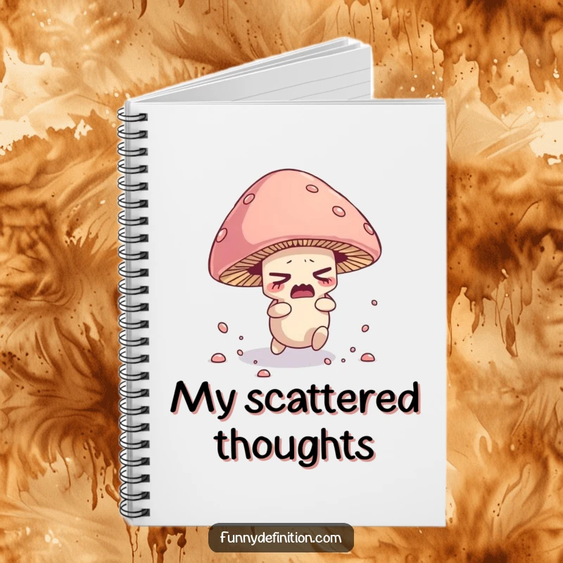 Funny notebook cover with a nervous mushroom character tripping over its cap, scattering spores.