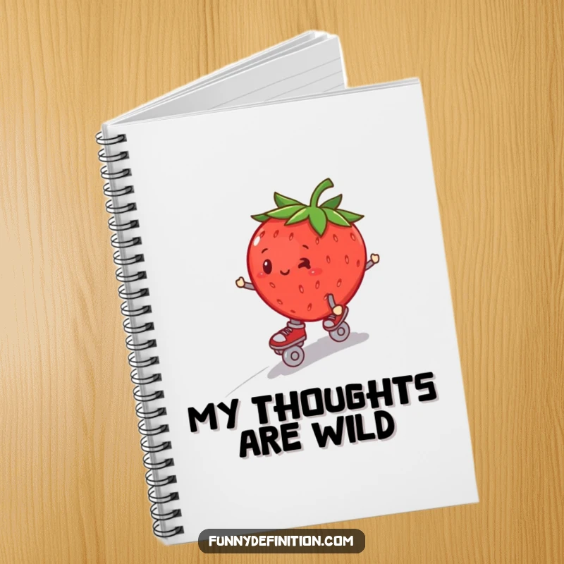 Funny plump strawberry on roller skates, wobbling downhill, on the cover of a lined notebook.