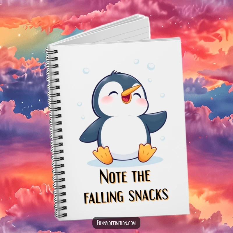 Funny notebook cover with a penguin enthusiastically trying to catch falling snowflakes with its beak, perfect for winter notes.